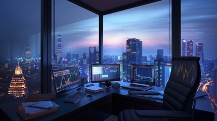 A computer workstation with a view of the city at night. Scene is calm and focused, as the person working at the desk is likely concentrating on their tasks