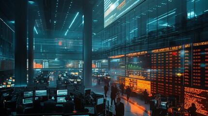 A busy office with people working at their desks and a large screen displaying stock market information. Scene is busy and professional