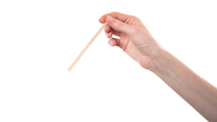 Hand Holding Wooden Stick on White Background
