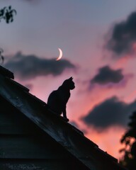 A dreamy picture of a silhouette of cat, sitting on the rooftop of a house, at sunset with a crescent moon in the cloudy sky, AI Generated.