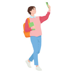 Young female student taking selfie on smartphone dressed in a loose sweater and jeans. Woman with a backpack and a book taking photo on her phone. Vector illustration set isolated on white
