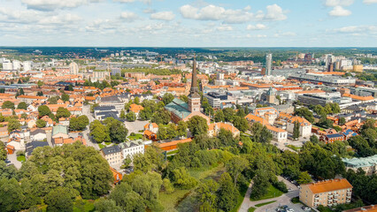 Fototapeta na wymiar Vasteras, Sweden. Westeros Cathedral. Panorama of the central part of the city. Summer day, Aerial View