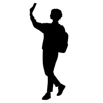 recommend clip art: Silhouette of young female student taking selfie on smartphone dressed in loose sweater and jeans. Woman with a backpack and a book taking photo on her phone. Vector illustration set isolated on white