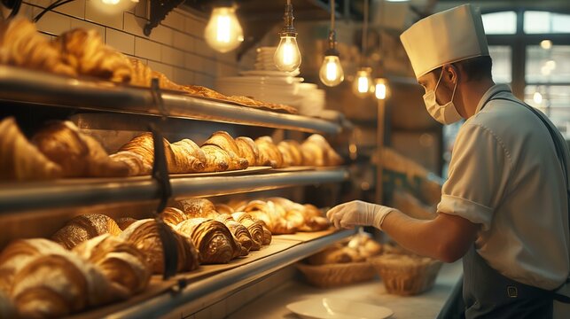 A man wearing a white apron and a chef's hat is working in a bakery. He is wearing gloves and a mask while handling the bread. The bakery is filled with various types of bread, including croissants