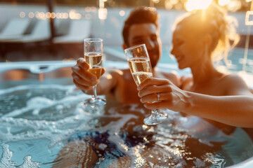 Romantic Escape: Couple enjoying champagne in the spa, indulging in luxury and relaxation while toasting to a special occasion in a serene and intimate setting - obrazy, fototapety, plakaty