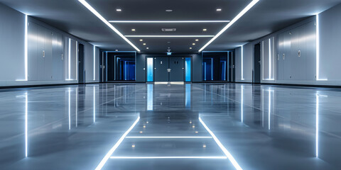 Futuristic Blue-Lit Corporate Hallway with Reflective Floor