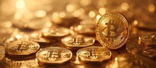 Golden Bitcoin coins stacked with blurred background