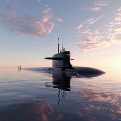 Elegant 3D rendering of a Virginiaclass submarine emerging from tranquil waters, showcasing stealth beauty