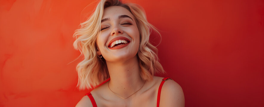 portrait of a blonde beautiful woman on a red background abstract	