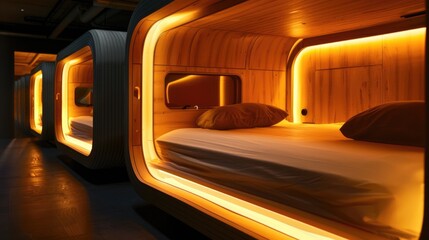 Cozy Modern Capsule Hotel Bedroom. A serene, modern capsule hotel bedroom bathed in warm lighting, featuring a comfortable bed with white linens and a unique window reflecting the interior design
