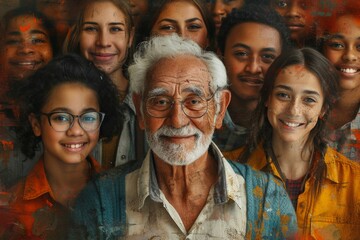 Group of people surrounding elderly man in front of vibrant orange background during social gathering