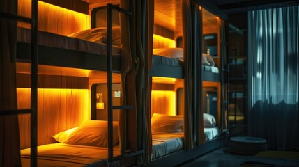A warm, wood-paneled capsule hotel with individual cubicles, each a cozy nook of privacy and comfort for the modern traveler