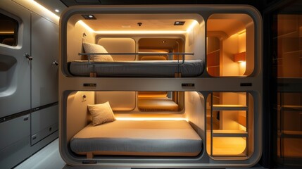 Futuristic Dual Capsule Hotel Room. An innovative double capsule hotel room, glowing with ambient orange light, showcases stacked sleeping pods with white bedding and a sleek, modern design