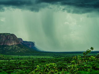 a huge green mountain is covered in dark clouds and trees