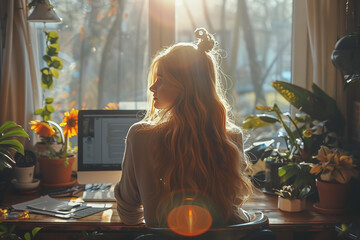 a woman is sitting at a desk with a laptop and looking out the window