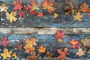 Autumnal Splendor Vibrant Fallen Leaves on Rustic Wooden Backdrop