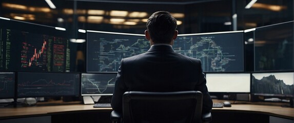 shadowy world of buying stocks with a mesmerizing depiction of an businessman, their back presented in a half-turn, wearing suits in an office, seated in front of a commanding monitor, engrossed