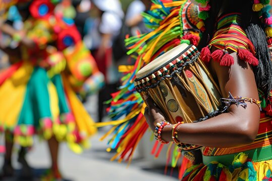A person is holding a drum in a parade. The drum is colorful and has a lot of strings. The parade is lively and full of energy