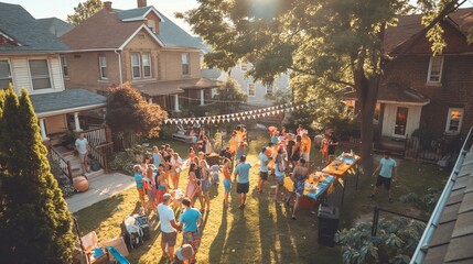 A group of people are gathered in a backyard, enjoying a party. The atmosphere is lively and social, with people mingling and having fun. The backyard is decorated with a table and chairs - obrazy, fototapety, plakaty