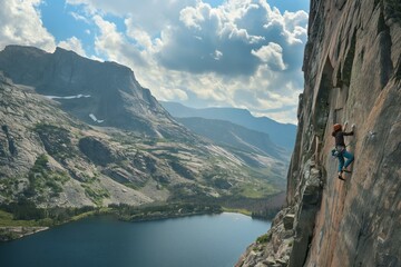 A man is climbing a rock face with a view of a lake below. The scene is serene and peaceful, with the man's focus on his climb