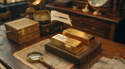 Antique workspace with gold bars on display, evoking themes of history, wealth, and meticulous...