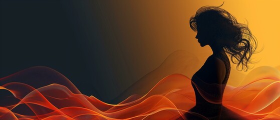 Woman silhouette in background of fire young adult beauty dancing
