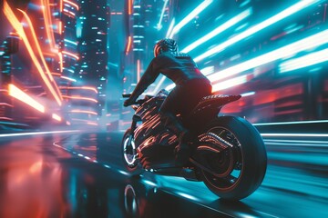 Neon Rush: Motorcycle Speeding Through a Futuristic Cityscape