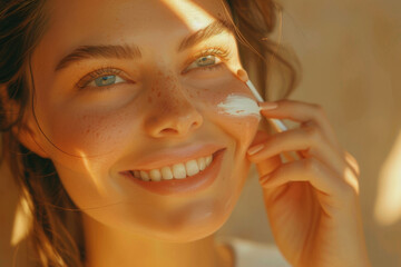 Sun-Kissed Freckled Woman Smiling with Warm Light