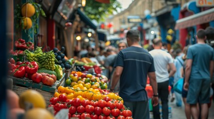 A busy market with people walking around and looking at the produce. The atmosphere is lively and bustling - obrazy, fototapety, plakaty