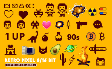 A collection of 8/16 bit retro 90's pixel characters, letters and icons symbols. Vector illustration