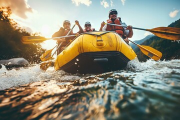 A group of people are rafting down a river, with one person wearing a yellow life jacket - obrazy, fototapety, plakaty
