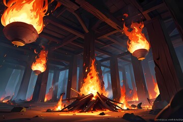 ゲーム背景燃え盛る炎のある木造柱の屋内光景 - obrazy, fototapety, plakaty