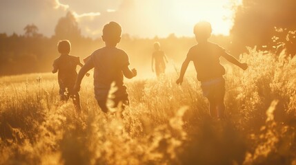 Obraz na płótnie Canvas A group of children are running through a field of tall grass. The sun is shining brightly, casting a warm glow over the scene. The children are laughing