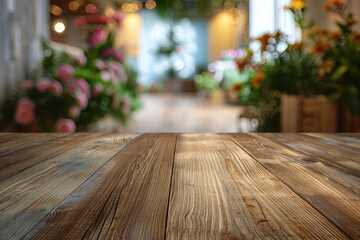 Rustic Wooden Table with Blurred Flower Shop Interior Background