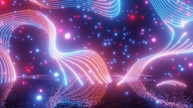 Neon Design of blue red pattern wall in motion. 4K video with various neon elements and a reflecting floor. Looped 3d render. Glowing Neon: 4K with colorful geometric shapes and a mirror effect