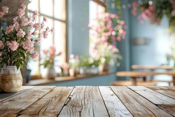 Rustic Wood Table with Blossoming Pink Flowers in Vase by Window