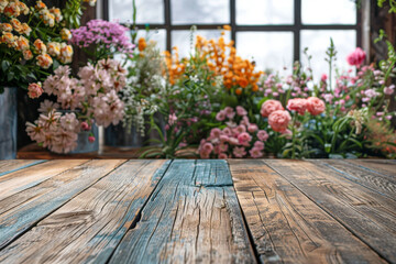 Rustic Wooden Table with Blossoming Flowers by Window