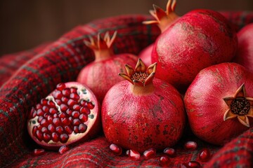Vivid red pomegranate seeds nestled within the texture of a red Donegal tweed fabric, capturing the interplay of natural fruit and woven material - obrazy, fototapety, plakaty