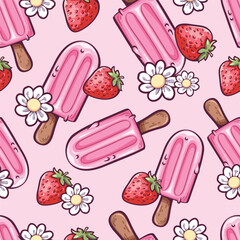 Seamless pattern of cute delicious sweet cool pink ice cream sticks, small white flowers and strawberries. Pattern for fabric and wrapping paper, Pattern for design wallpaper and fashion prints. - obrazy, fototapety, plakaty