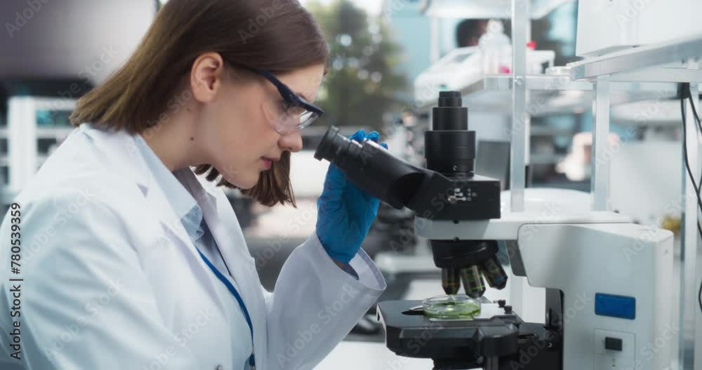 Poster medical research and development laboratory: beautiful caucasian female scientist working on a compu