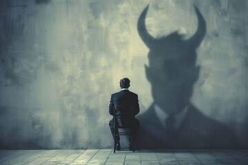 A thought-provoking image depicting a seated man in a suit with his shadow on a textured wall, forming a silhouette with devilish horns, suggesting a hidden malevolent nature or internal struggle