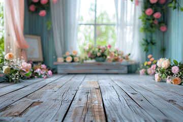 Rustic Wooden Floor with Floral Decorations by Bright Window