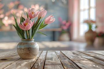 Elegant Pink Tulips in Ceramic Vase on Rustic Wooden Table