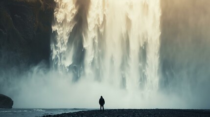 A man stands in front of a waterfall, looking out at the misty landscape. The scene is serene and peaceful, with the sound of the waterfall providing a calming background noise