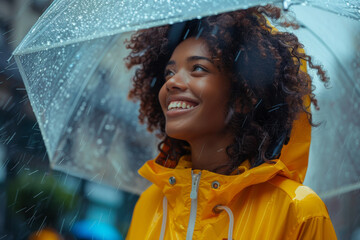 Joyful Woman with Umbrella Enjoying Rainy Day in Yellow Raincoat