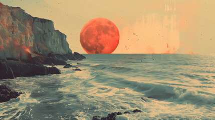 abstract landscape of beautiful sunset in ocean in retro style