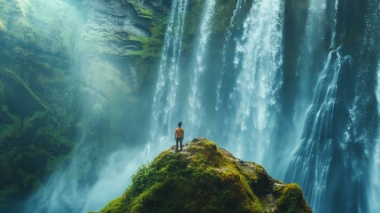 A man stands on a rock overlooking a waterfall. The scene is serene and peaceful, with the sound of the water cascading down the rocks creating a calming atmosphere - Powered by Adobe