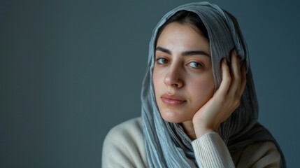 Portrait of a Young Iranian Woman Wearing Traditional Hijab with a Thoughtful Gaze and Serene Beauty - obrazy, fototapety, plakaty