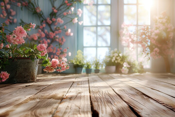 Sunny Conservatory with Blooming Roses and Wooden Floor - obrazy, fototapety, plakaty