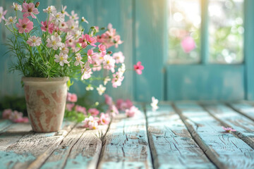 Charming Rustic Potted Flowers by a Sunlit Vintage Window